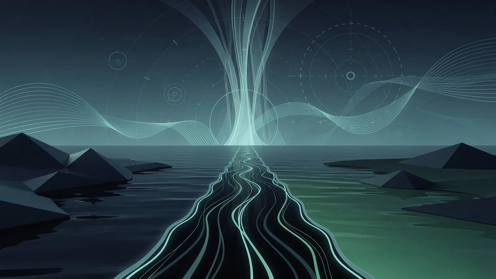 Visualisation abstraite d'un corridor maritime énergétique sous tension, flux de pétrole sombre traversant un détroit stratégique