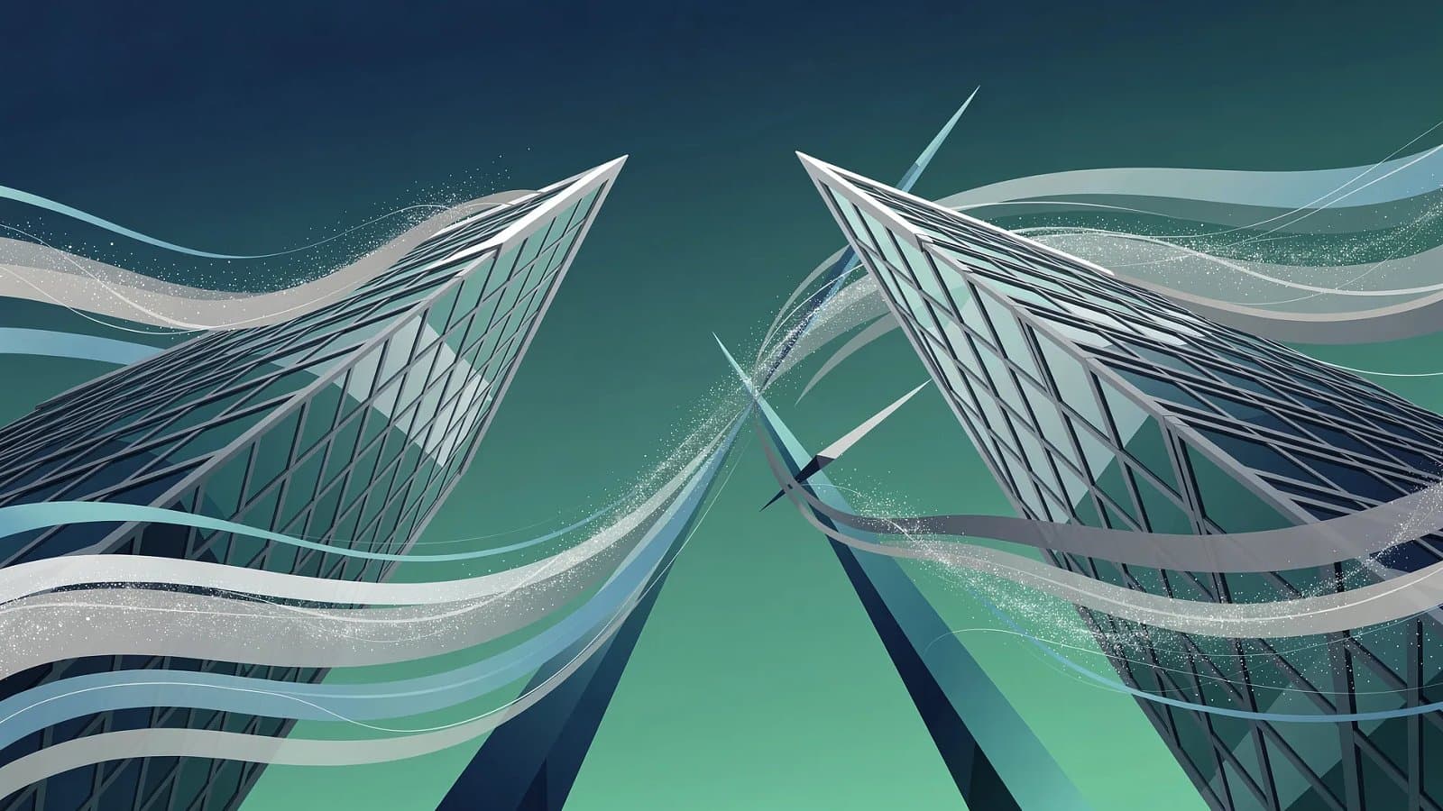 Illustration abstraite d'une prise de contrôle financière : structures architecturales d'entreprise convergentes, flux de capitaux en numéraire, dégradé bleu profond et vert émeraude évoquant une offre publique d'achat